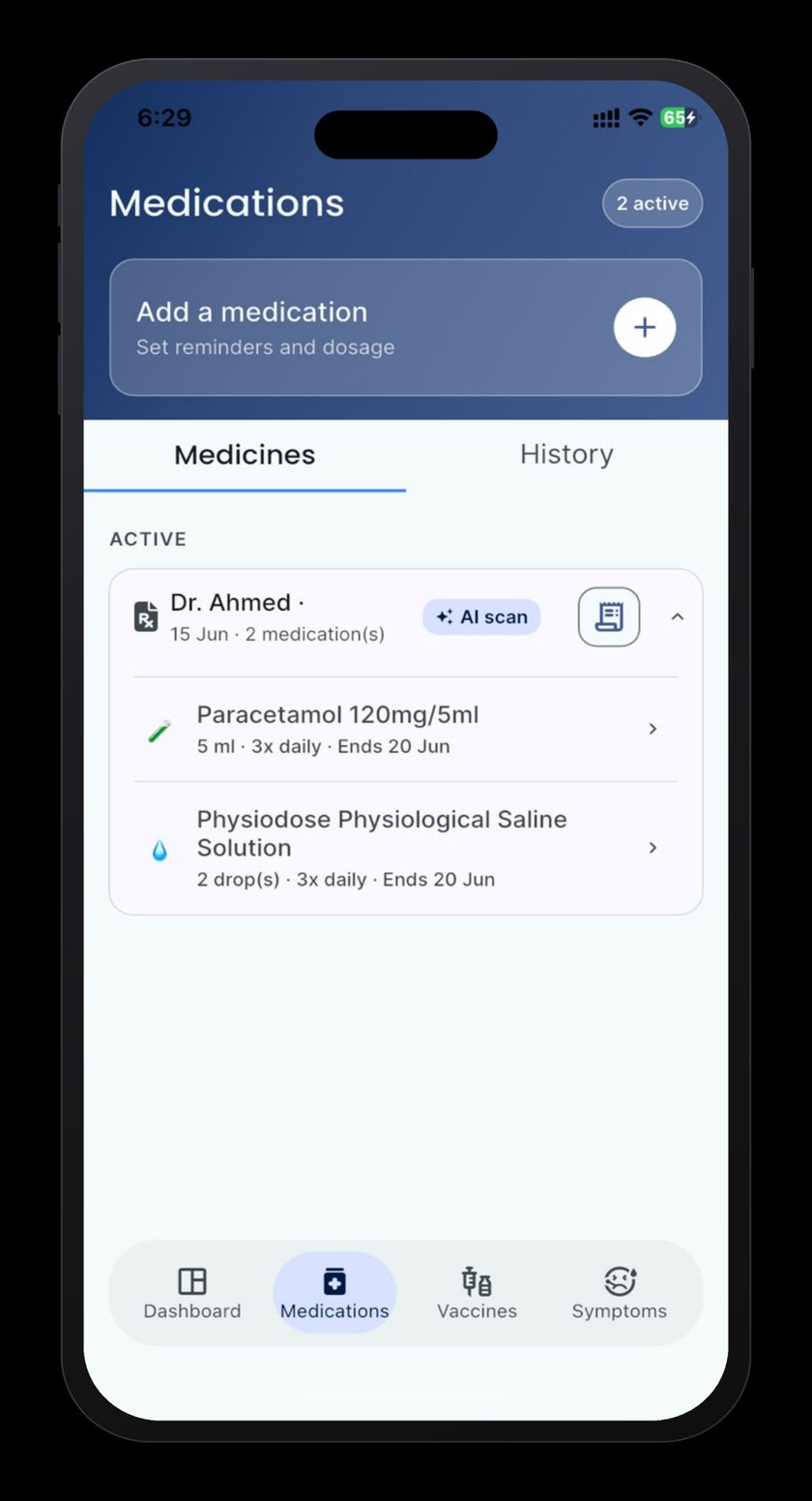 TotMediX medications screen showing an active prescription grouped under its doctor, with the AI scan option and two scheduled medications